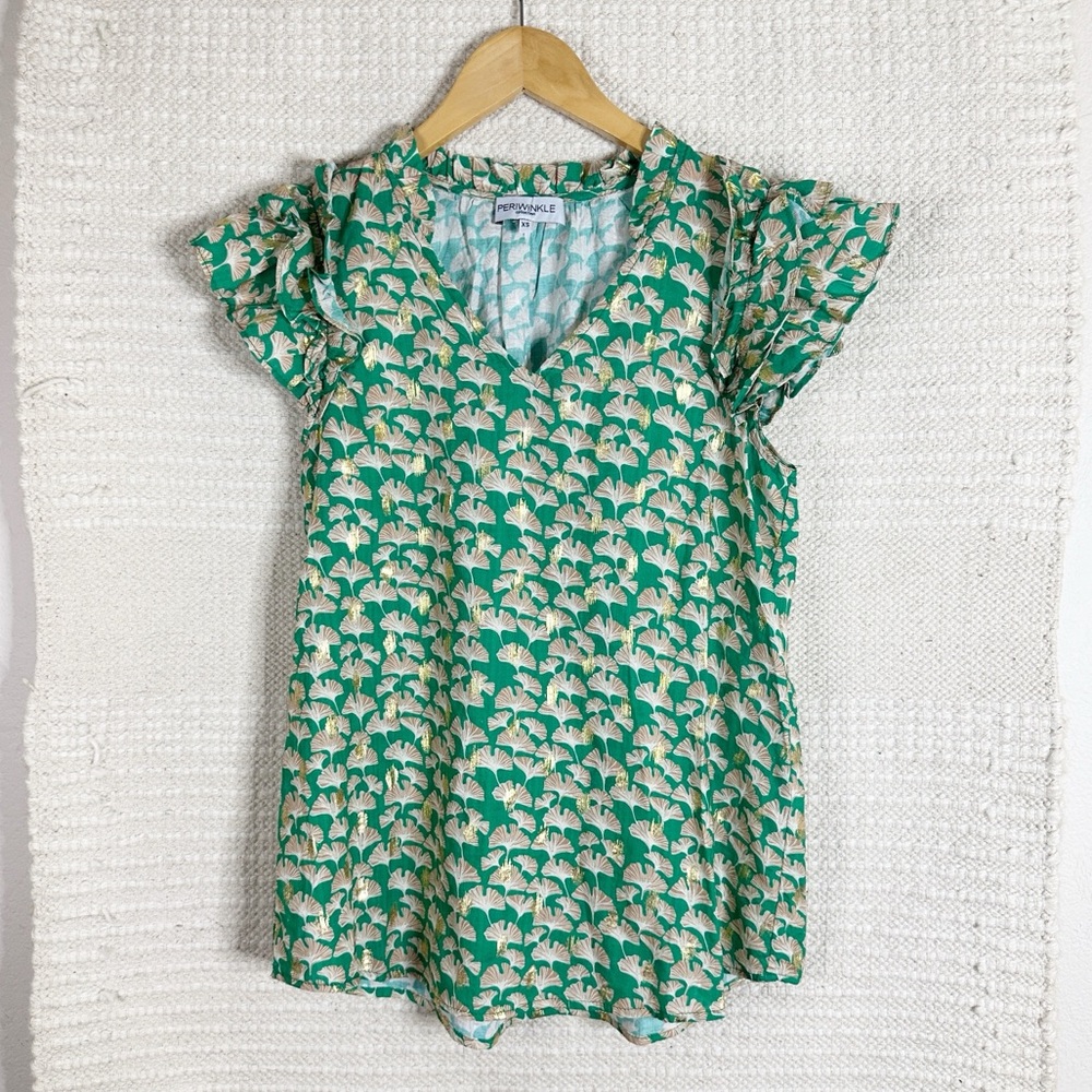 PERIWINKLE COLLECTION green and gold ginkgo print ruffled sleeve top XS